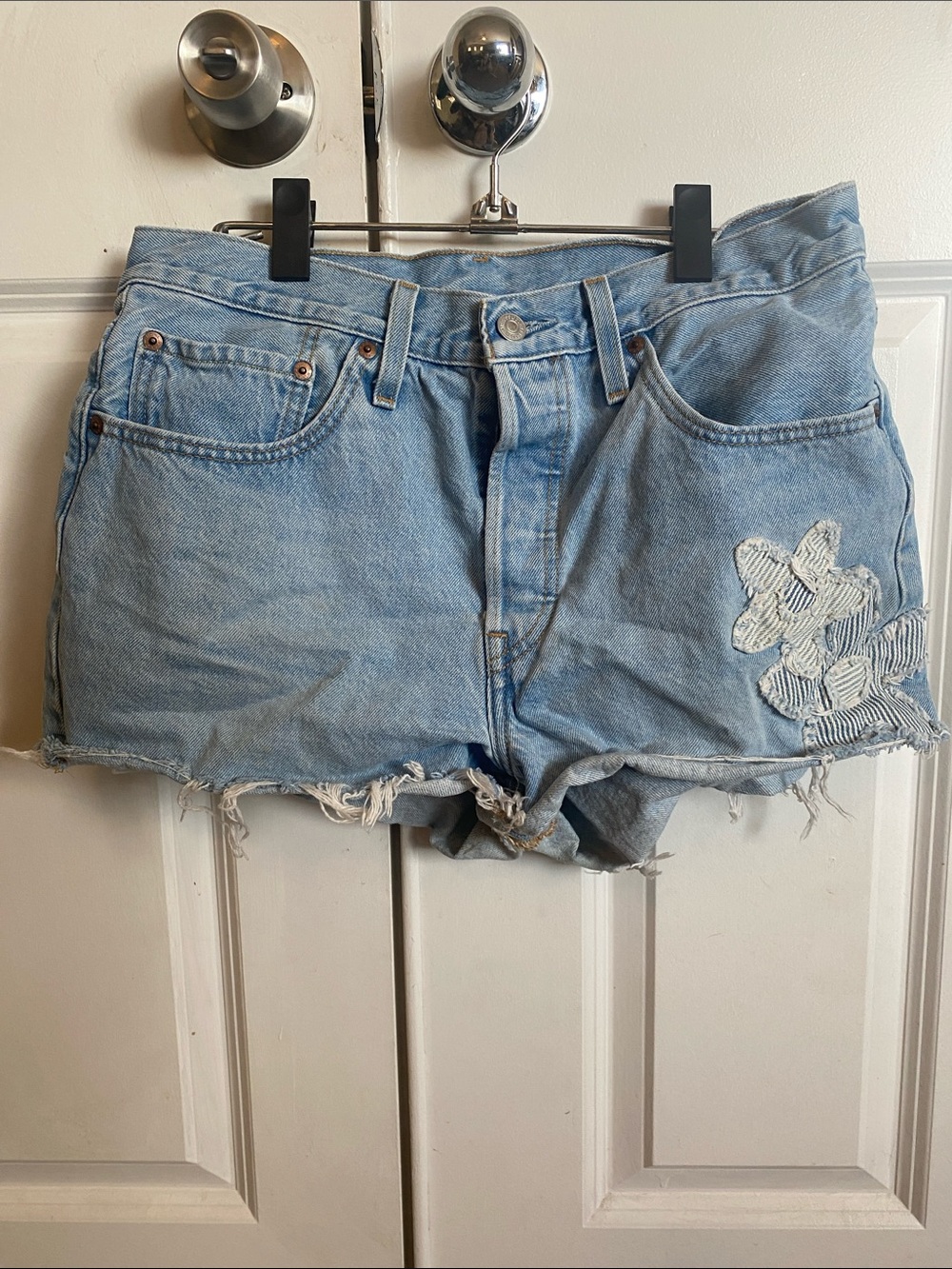 Levi's 501 Light Blue Denim Frayed Hem Jean Shorts with Floral Patch